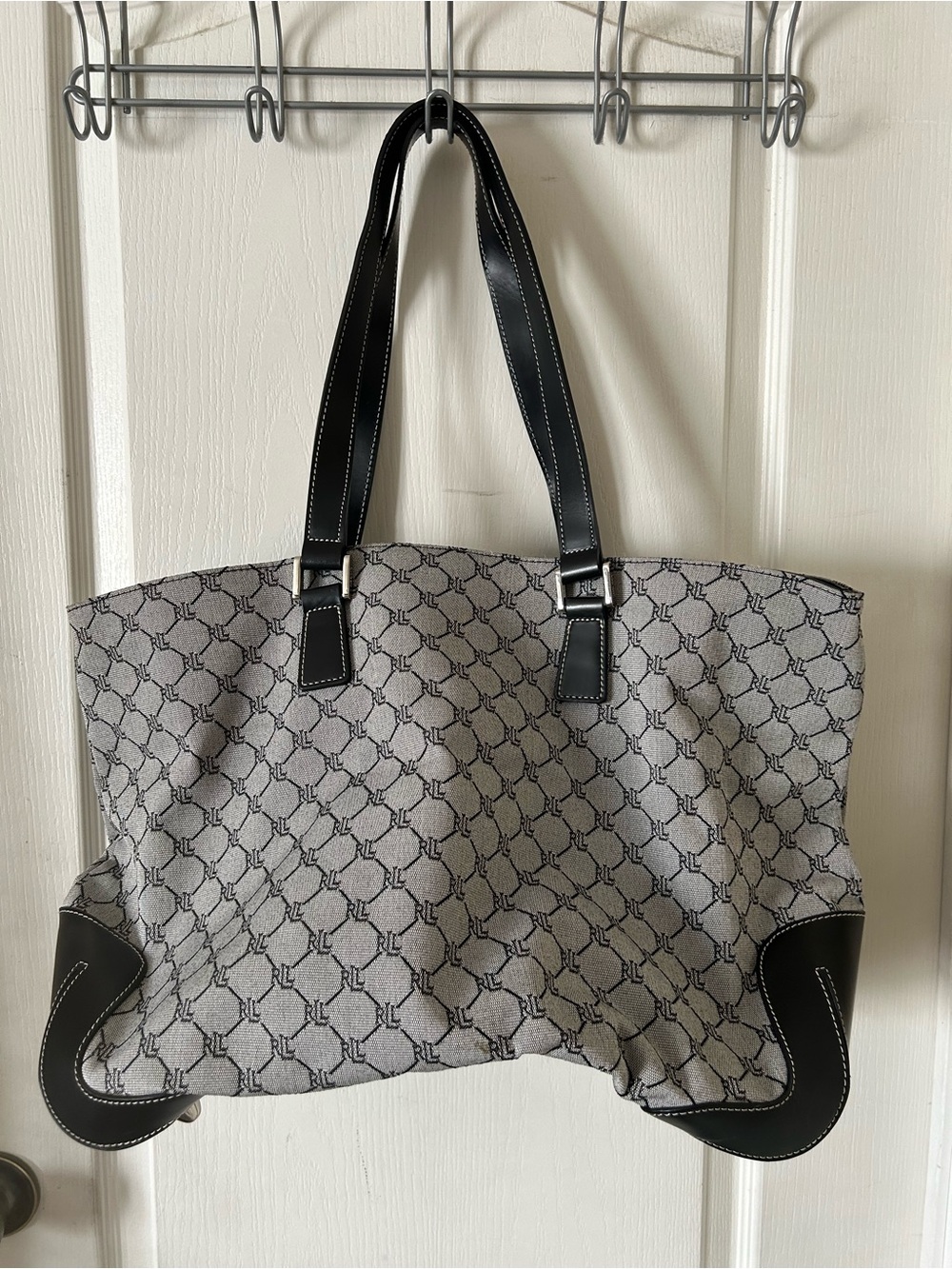 Ralph Lauren Black and Cream Monogram Shoulder Tote